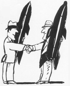 Dos homes aguantant un míssil cadascú es donen la mà. Dibuix: Juan Ballesta.