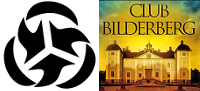 Logotip de la Comissió Trilateral (a l'esquerra) i detall del llibre del periodista Daniel Estulin sobre el Club Bilderberg (a la dreta).