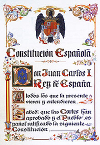Constitució Espanyola del 1978. Portada contenint l'escut amb l'àliga imperial.