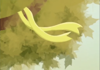 Llaç groc lligat en el vell roure. Imatge de la historieta de dibuixos animats basada en la cançó.