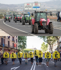 Manifestaciones de tractores por la carretera (arriba) y contra la especulación immobiliaria en Barcelona (abajo).