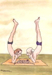 Picanyol. Dos yoguis jugando con un tablero de ajedrez.