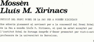 Plançó. Notícia del primer número de l'any 1975, informant del suport de la revista a la candidatura al Premi Nobel de la Pau per Xirinacs.