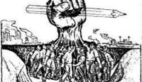 Trabajadores levantando un gran puño que agarra un lápiz. Fuente: NODAL.