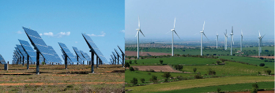 Izquierda: Paneles solares en la meseta de Castilla. Derecha: Parque eólico en el término municipal de El Bonillo (Albacete).